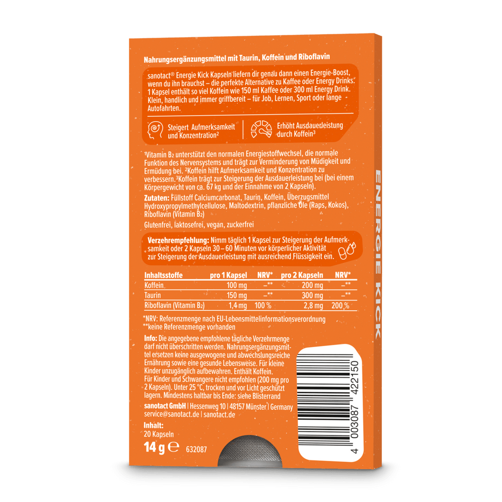 sanotact GmbH - EnergieKick Kapseln mit Koffein und Taurin für Nerven und Energie, Rückansicht Verpackung
